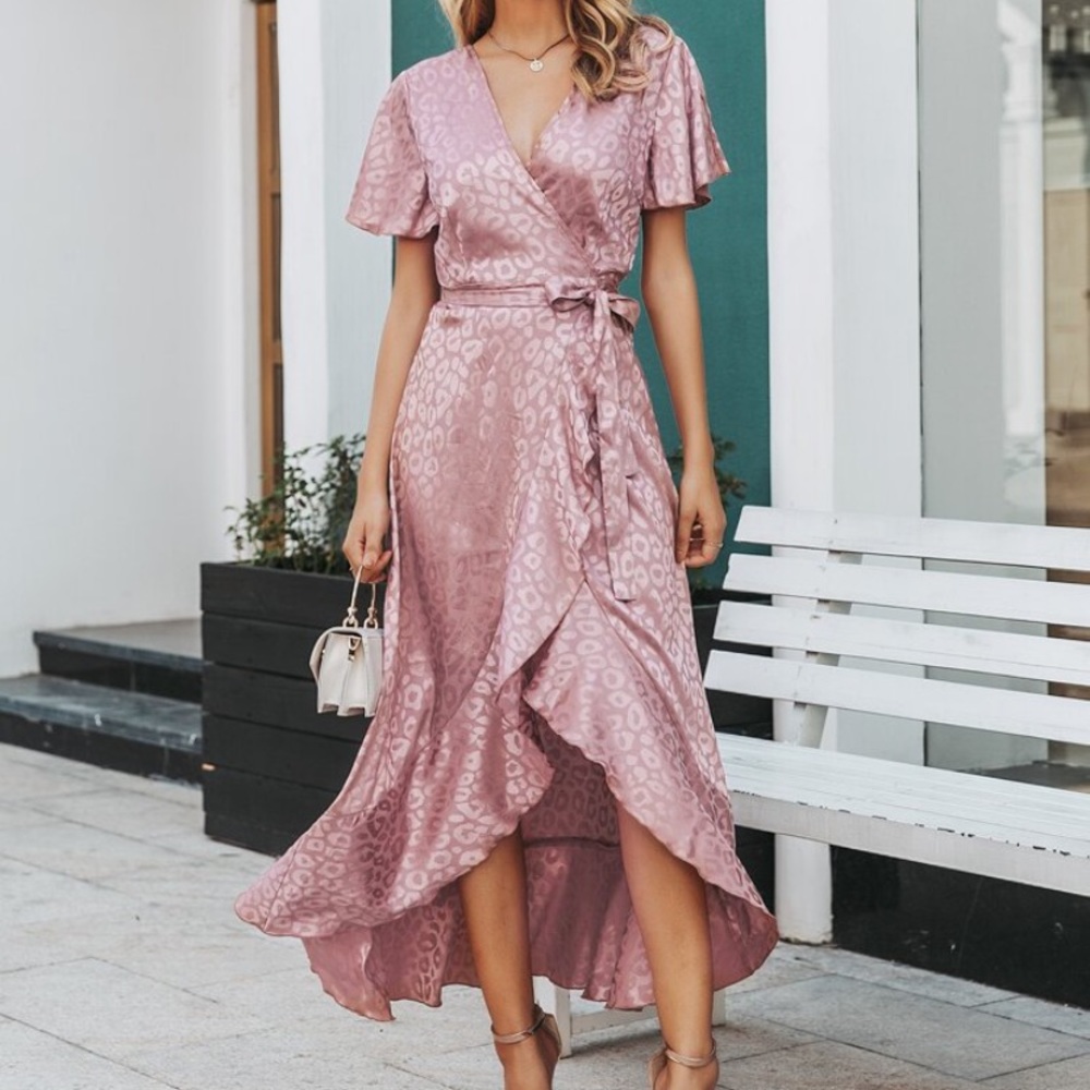 Pink leopard satin maxi wrap dress